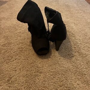 black suede peep, toe used very good condition slight wear inner ankle band